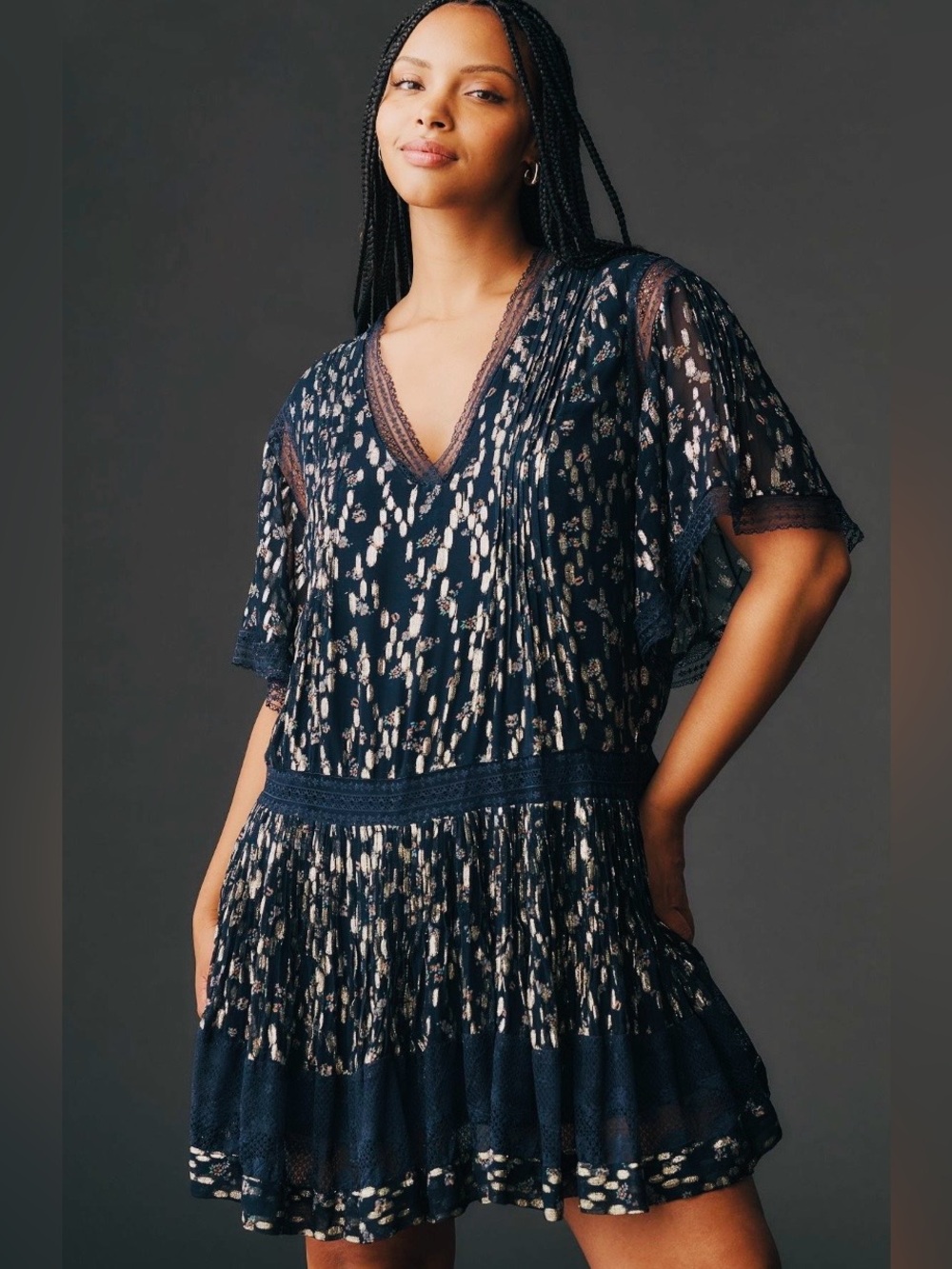 Anthropologie V-Neck Tiered Mini Dress Shimmer Floral Navy Combo